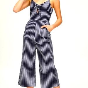 Main Strip Striped Midi Jumpsuit with Tie Front Large
